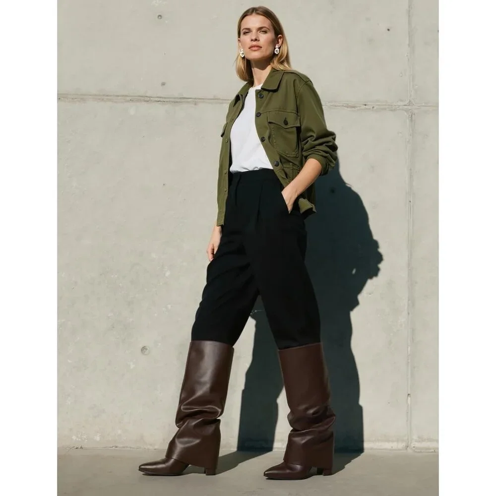 Women Chocolate Faux Leather Fold Over Knee High Chunky High Heels Long Boot
